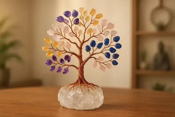 Árbol de la vida con ramas de alambre y hojas de piedras semipreciosas de colores. La base es una gran piedra de cuarzo. Un detalle decorativo para poner piedras alrededor de un árbol.